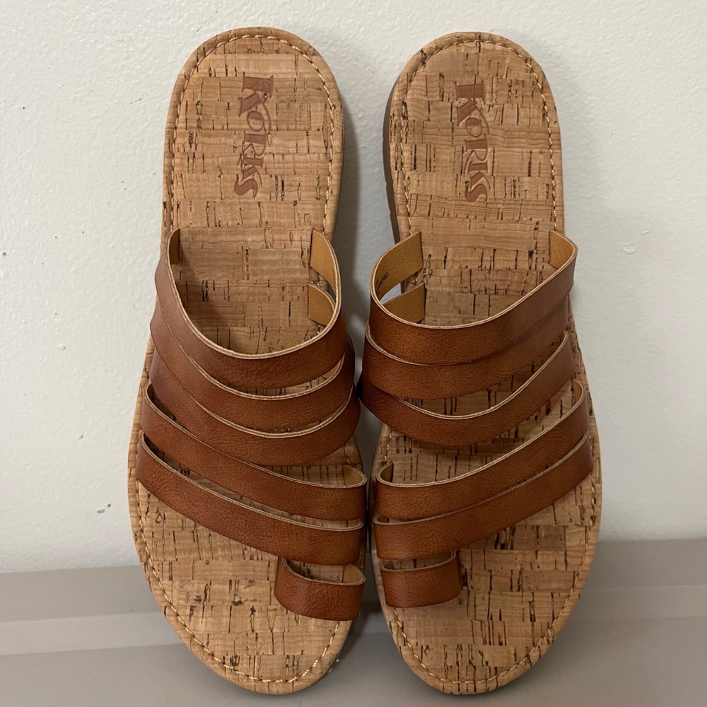 Korks Khela Sandals Womens 11 Tan Brown Faux Cork Strappy Toe Loop Slide Beach